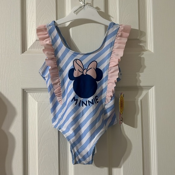 Minnie Mouse Baby Girl 1 Piece Ruffled Swimsuit, White/Blue/Pink - Picture 4 of 4